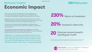 Meltwater Insights
Economic Impact
Get in touch to discover how Meltwater can help your
organization achieve similar results.
What economic impact does Meltwater’s suite of marketing and
communications solutions have on agencies? We enlisted Forrester
Consulting, an independent, objective, research-based firm, to find out.
Aggregating data and testimony drawn from client interviews, Forrester
Consulting created a composite, representative full-service agency on which
to center the Total Economic Impact™ (TEI) study of Meltwater.
The resulting, comprehensive report highlights how Meltwater helps
marketers overcome efficiency and capacity challenges to generate new
revenue streams.
The Total Economic Impact™ of Meltwater on Agencies is a thorough,
independent examination of the costs, risks, benefits, and value of adopting
Meltwater solutions. Access the full report to learn more.
“Meltwater is an absolutely mandatory thing to have to
make informed decisions about where you want to take a
client. Otherwise, you’re just making assumptions which
are not real. We use Meltwater to ensure we use relevant,
fact-based insights to steer clients.”— Agency Insights Manager
230%
20%
20
Return on investment
Increase in client wins
Hours per account saved in
reporting per month
Based on the research, Forrester Consulting suggested that a representative composite organization with
more than 100 employees and revenue of $20 million per year would experience the above benefits.
PARTNER CONTENT
 