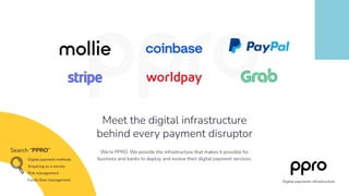 We’re PPRO. We provide the infrastructure that makes it possible for
business and banks to deploy and evolve their digital payment services.
Meet the digital infrastructure
behind every payment disruptor
Search “PPRO”
Digital payment methods
Acquiring as a service
Risk management
Funds ﬂow management Digital payments infrastructure
 