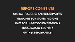 GLOBAL HEADLINES AND BENCHMARKS
HEADLINES FOR WORLD REGIONS
DATA FOR UN GEOSCHEME REGIONS
LOCAL DATA BY COUNTRY
FURTHER INFORMATION
REPORT CONTENTS
 