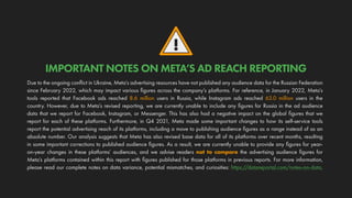 !
Due to the ongoing conflict in Ukraine, Meta’s advertising resources have not published any audience data for the Russian Federation
since February 2022, which may impact various figures across the company’s platforms. For reference, in January 2022, Meta’s
tools reported that Facebook ads reached 8.6 million users in Russia, while Instagram ads reached 63.0 million users in the
country. However, due to Meta’s revised reporting, we are currently unable to include any figures for Russia in the ad audience
data that we report for Facebook, Instagram, or Messenger. This has also had a negative impact on the global figures that we
report for each of these platforms. Furthermore, in Q4 2021, Meta made some important changes to how its self-service tools
report the potential advertising reach of its platforms, including a move to publishing audience figures as a range instead of as an
absolute number. Our analysis suggests that Meta has also revised base data for all of its platforms over recent months, resulting
in some important corrections to published audience figures. As a result, we are currently unable to provide any figures for year-
on-year changes in these platforms’ audiences, and we advise readers not to compare the advertising audience figures for
Meta’s platforms contained within this report with figures published for those platforms in previous reports. For more information,
please read our complete notes on data variance, potential mismatches, and curiosities: https://datareportal.com/notes-on-data.
IMPORTANT NOTES ON META’S AD REACH REPORTING
 
