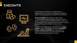 Os atendimentos médicos, via telemedicina, a
digitalização das farmácias e os pagamentos digitais
devem avançar ainda mais nos próximos meses/anos.
Planos de Saúde estão cada vez mais em alta,
consolidando-se como alta de prioridade de contra-
tação do serviço, entre as famílias. Somado a isto, 73%
da população ainda não possui plano de saúde, forman-
do uma ótima oportunidade de crescimento.
Oferecer planos que trazem não somente o cuidado
médico, mas a possibilidade de realizar atividades
físicas e hábitos saudáveis como benefícios ou
serviços extra pode ser uma ótima alternativa de
diferenciação para alavancar as vendas.
InsigHts
 