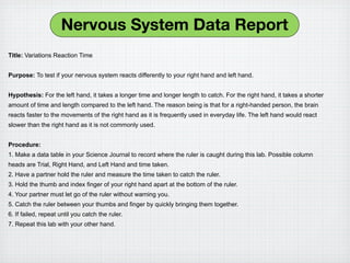 Nervous System Data Report
Title: Variations Reaction Time


Purpose: To test if your nervous system reacts differently to your right hand and left hand.


Hypothesis: For the left hand, it takes a longer time and longer length to catch. For the right hand, it takes a shorter
amount of time and length compared to the left hand. The reason being is that for a right-handed person, the brain
reacts faster to the movements of the right hand as it is frequently used in everyday life. The left hand would react
slower than the right hand as it is not commonly used.


Procedure:
1. Make a data table in your Science Journal to record where the ruler is caught during this lab. Possible column
heads are Trial, Right Hand, and Left Hand and time taken.
2. Have a partner hold the ruler and measure the time taken to catch the ruler.
3. Hold the thumb and index finger of your right hand apart at the bottom of the ruler.
4. Your partner must let go of the ruler without warning you.
5. Catch the ruler between your thumbs and finger by quickly bringing them together.
6. If failed, repeat until you catch the ruler.
7. Repeat this lab with your other hand.
 