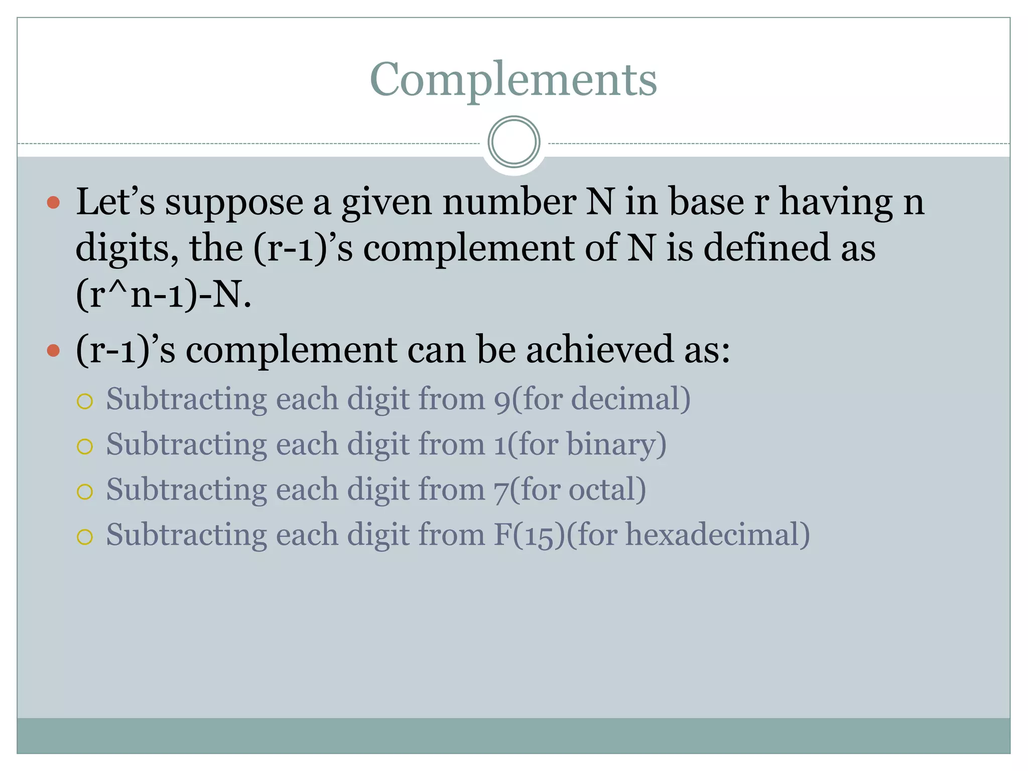 Complements
 Let’s suppose a given number N in base r having n
digits, the (r-1)’s complement of N is defined as
(r^n-1)-N.
 (r-1)’s complement can be achieved as:
 Subtracting each digit from 9(for decimal)
 Subtracting each digit from 1(for binary)
 Subtracting each digit from 7(for octal)
 Subtracting each digit from F(15)(for hexadecimal)
 