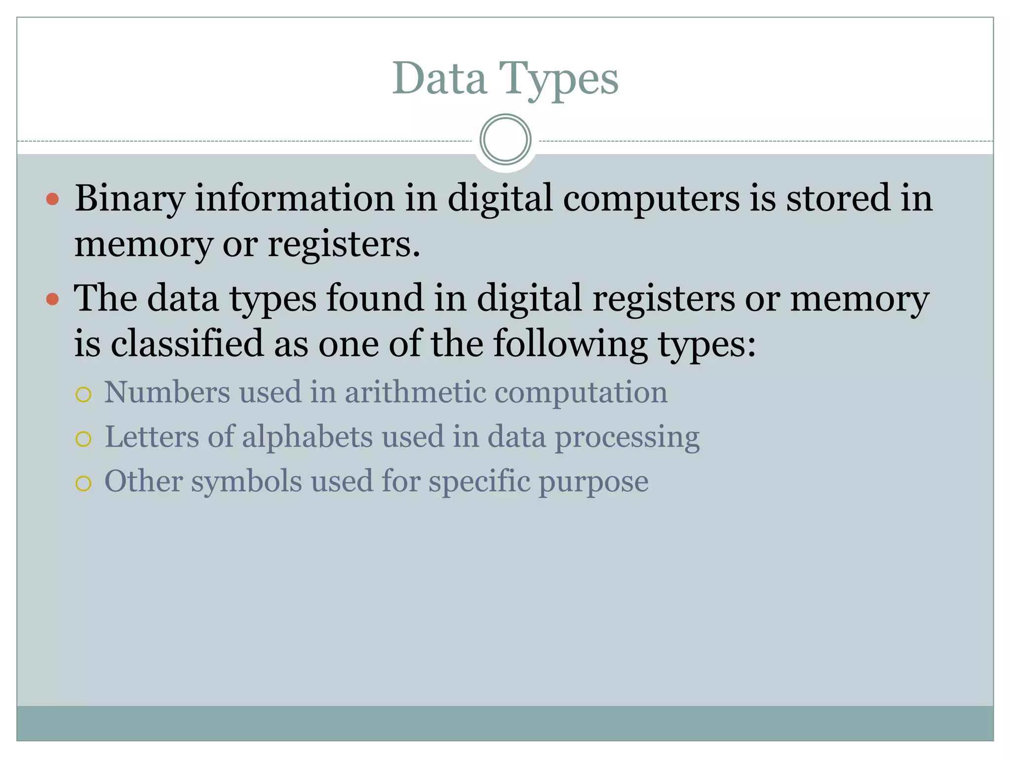 Data Types
 Binary information in digital computers is stored in
memory or registers.
 The data types found in digital registers or memory
is classified as one of the following types:
 Numbers used in arithmetic computation
 Letters of alphabets used in data processing
 Other symbols used for specific purpose
 