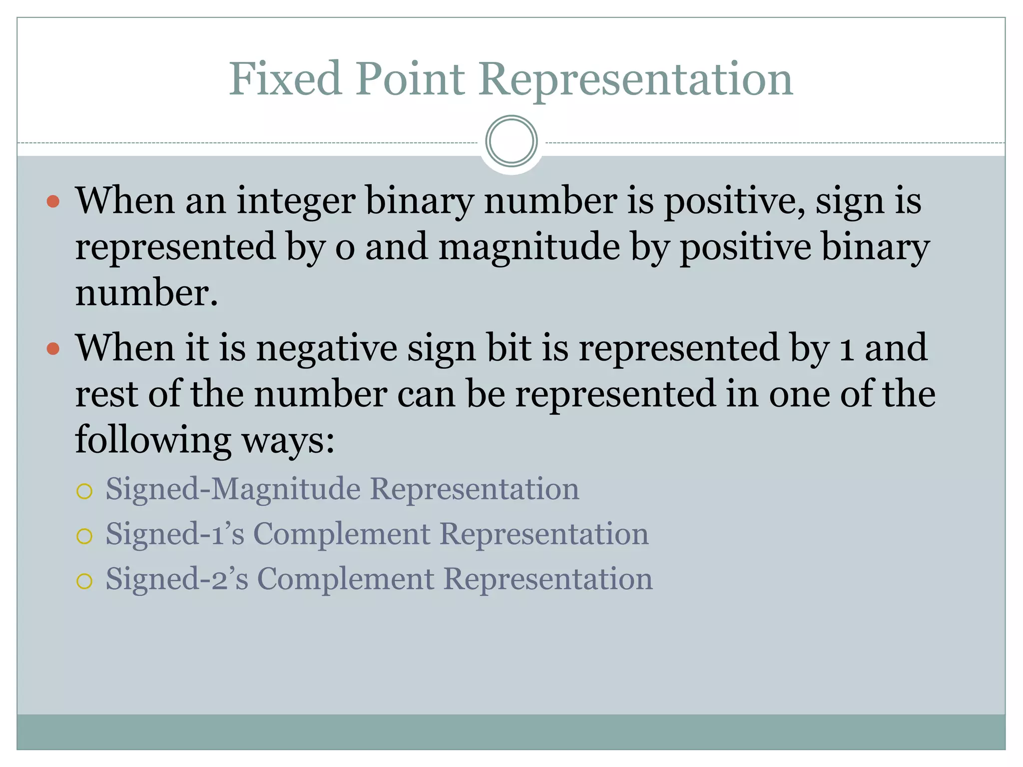 Fixed Point Representation
 When an integer binary number is positive, sign is
represented by o and magnitude by positive binary
number.
 When it is negative sign bit is represented by 1 and
rest of the number can be represented in one of the
following ways:
 Signed-Magnitude Representation
 Signed-1’s Complement Representation
 Signed-2’s Complement Representation
 