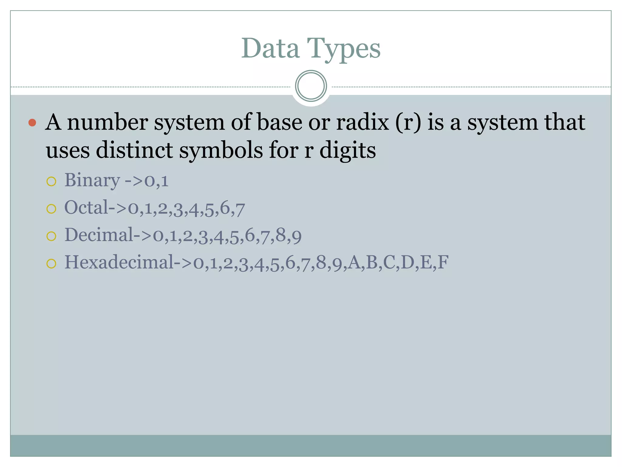 Data Types
 A number system of base or radix (r) is a system that
uses distinct symbols for r digits
 Binary ->0,1
 Octal->0,1,2,3,4,5,6,7
 Decimal->0,1,2,3,4,5,6,7,8,9
 Hexadecimal->0,1,2,3,4,5,6,7,8,9,A,B,C,D,E,F
 