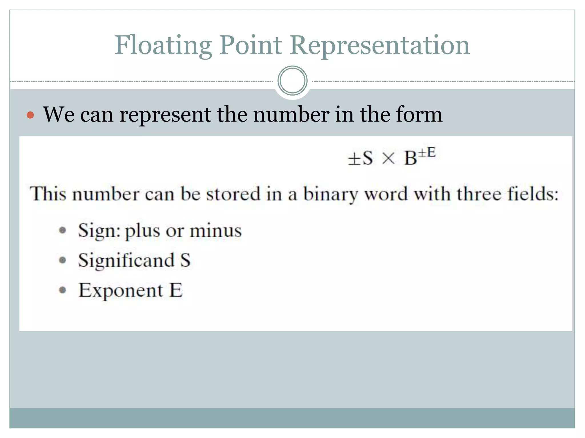 Floating Point Representation
 We can represent the number in the form
 