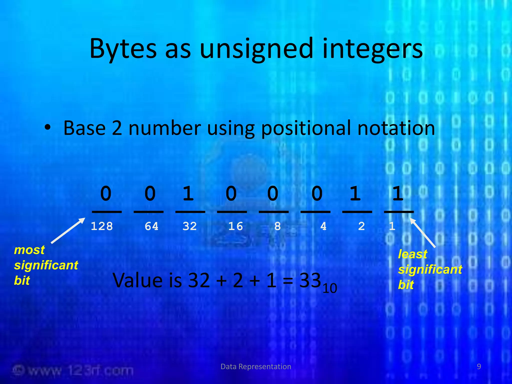Data Representation9Bytes as unsigned integersBase 2 number using positional notation00100011128    64   32    16    8     4    2   1mostsignificantbitleastsignificantbitValue is 32 + 2 + 1 = 3310