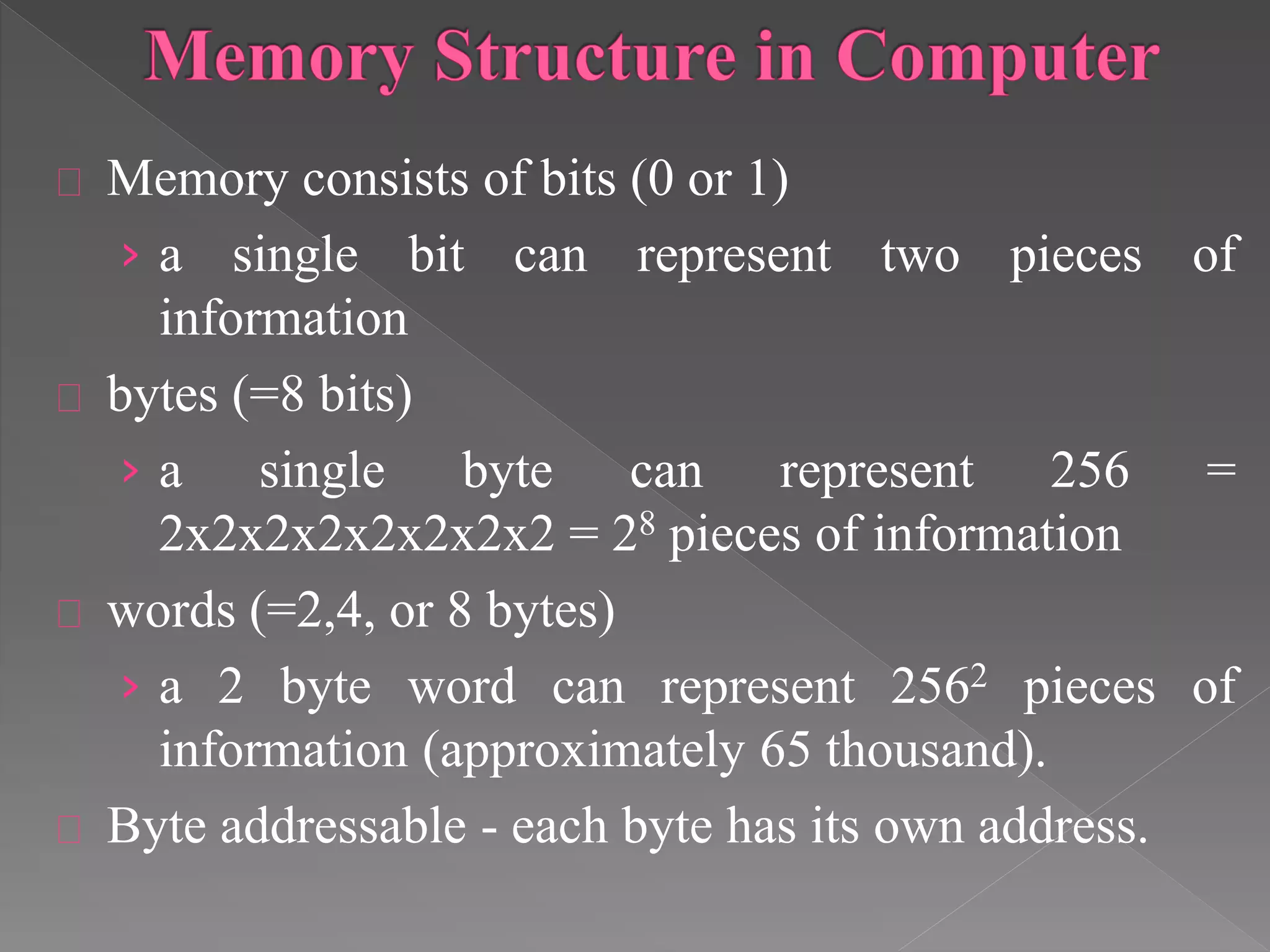 Memory consists of bits (0 or 1) 
› a single bit can represent two pieces of 
information 
bytes (=8 bits) 
› a single byte can represent 256 = 
2x2x2x2x2x2x2x2 = 28 pieces of information 
words (=2,4, or 8 bytes) 
› a 2 byte word can represent 2562 pieces of 
information (approximately 65 thousand). 
Byte addressable - each byte has its own address. 
 