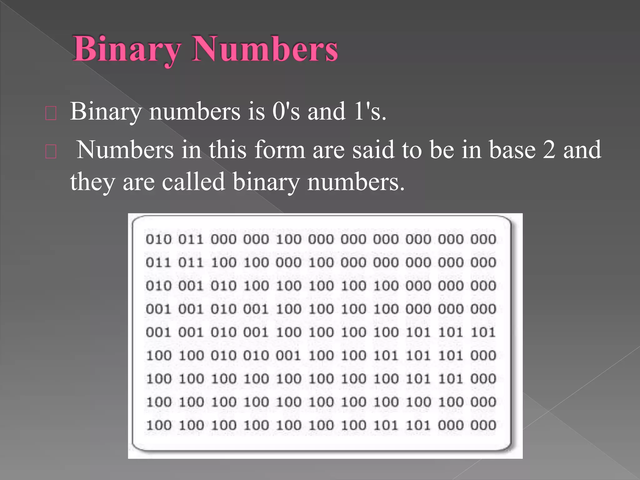 Binary numbers is 0's and 1's. 
Numbers in this form are said to be in base 2 and 
they are called binary numbers. 
 