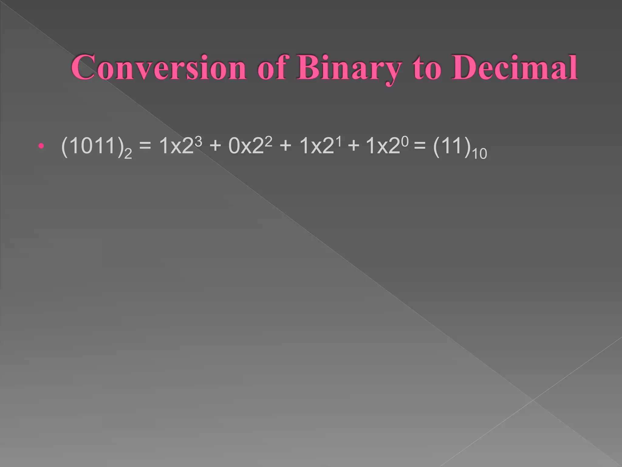 • (1011)2 = 1x23 + 0x22 + 1x21 + 1x20 = (11)10 
 