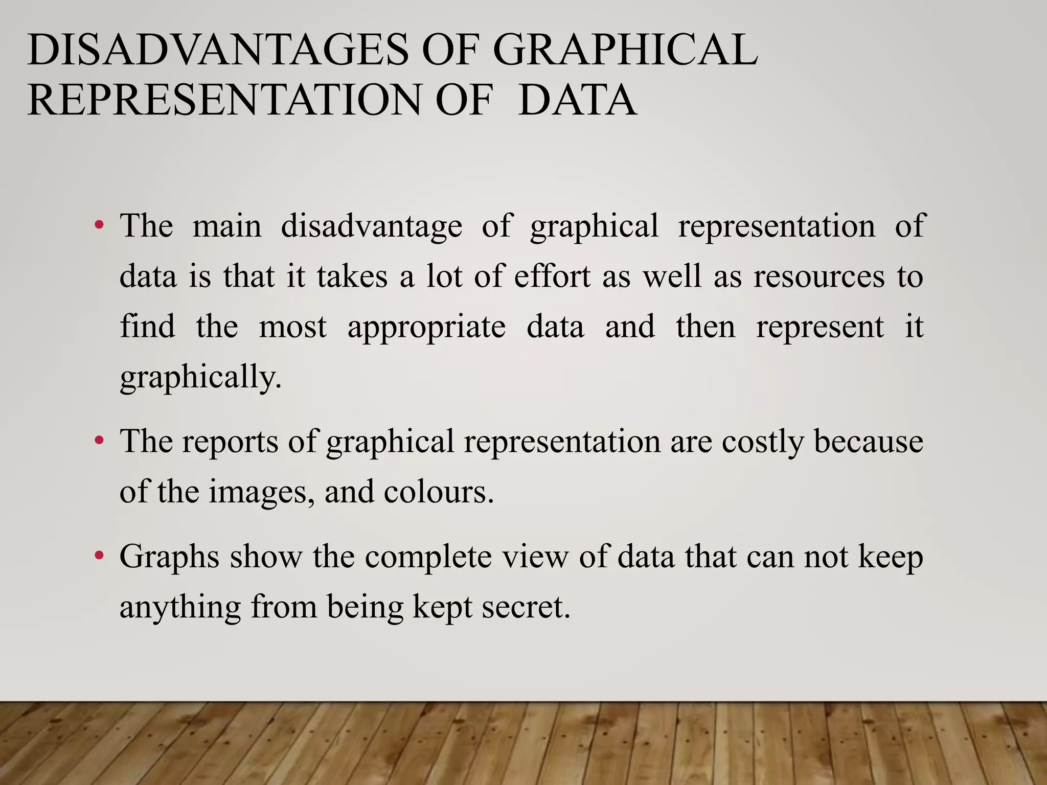 DISADVANTAGES OF GRAPHICAL
REPRESENTATION OF DATA
• The main disadvantage of graphical representation of
data is that it takes a lot of effort as well as resources to
find the most appropriate data and then represent it
graphically.
• The reports of graphical representation are costly because
of the images, and colours.
• Graphs show the complete view of data that can not keep
anything from being kept secret.
 