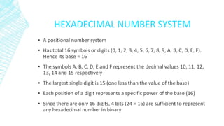 HEXADECIMAL NUMBER SYSTEM
▪ A positional number system
▪ Has total 16 symbols or digits (0, 1, 2, 3, 4, 5, 6, 7, 8, 9, A, B, C, D, E, F).
Hence its base = 16
▪ The symbols A, B, C, D, E and F represent the decimal values 10, 11, 12,
13, 14 and 15 respectively
▪ The largest single digit is 15 (one less than the value of the base)
▪ Each position of a digit represents a specific power of the base (16)
▪ Since there are only 16 digits, 4 bits (24 = 16) are sufficient to represent
any hexadecimal number in binary
 