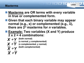 LOGO
Maxterms
 Maxterms are OR terms with every variable
in true or complemented form.
 Given that each binary variable may appear
normal (e.g., x) or complemented (e.g., x),
there are 2n maxterms for n variables.
 Example: Two variables (X and Y) produce
2 x 2 = 4 combinations:
(both normal)
(x normal, y complemented)
(x complemented, y normal)
(both complemented)
YX 
YX 
YX 
YX 
 