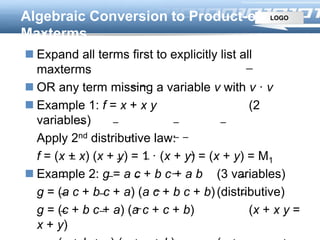 LOGOAlgebraic Conversion to Product-of-
Maxterms
 Expand all terms first to explicitly list all
maxterms
 OR any term missing a variable v with v · v
 Example 1: f = x + x y (2
variables)
Apply 2nd distributive law:
f = (x + x) (x + y) = 1 · (x + y) = (x + y) = M1
 Example 2: g = a c + b c + a b (3 variables)
g = (a c + b c + a) (a c + b c + b)(distributive)
g = (c + b c + a) (a c + c + b) (x + x y =
x + y)
 