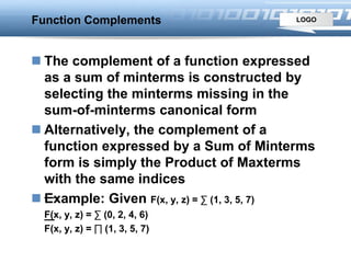 LOGOFunction Complements
 The complement of a function expressed
as a sum of minterms is constructed by
selecting the minterms missing in the
sum-of-minterms canonical form
 Alternatively, the complement of a
function expressed by a Sum of Minterms
form is simply the Product of Maxterms
with the same indices
 Example: Given F(x, y, z) = ∑ (1, 3, 5, 7)
F(x, y, z) = ∑ (0, 2, 4, 6)
F(x, y, z) = ∏ (1, 3, 5, 7)
 