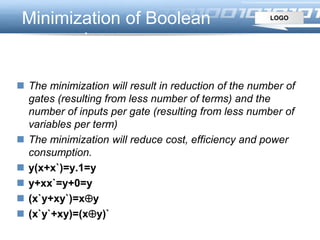LOGO
Minimization of Boolean
expressions
 The minimization will result in reduction of the number of
gates (resulting from less number of terms) and the
number of inputs per gate (resulting from less number of
variables per term)
 The minimization will reduce cost, efficiency and power
consumption.
 y(x+x`)=y.1=y
 y+xx`=y+0=y
 (x`y+xy`)=xy
 (x`y`+xy)=(xy)`
 
