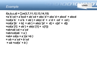 LOGO
Example
f(a,b,c,d) = m(3,7,11,12,13,14,15)
=a`b`cd + a`bcd + ab`cd + abc`d`+ abc`d + abcd` + abcd
=cd(a`b` + a`b + ab`) + ab(c`d` + c`d + cd` + cd )
=cd(a`[b` + b] + ab`) + ab(c`[d` + d] + c[d` + d])
=cd(a`[1] + ab`) + ab(c`[1] + c[1])
=ab+ab`cd + a`cd
=ab+cd(ab` + a`)
=ab+ cd(a + a`)(a`+b`)
= ab + a`cd + b`cd
= ab +cd(a` + b`)
 