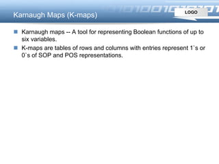 LOGO
Karnaugh Maps (K-maps)
 Karnaugh maps -- A tool for representing Boolean functions of up to
six variables.
 K-maps are tables of rows and columns with entries represent 1`s or
0`s of SOP and POS representations.
 