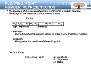 LOGO
FLOATING POINT
NUMBER REPRESENTATION
* The location of the fractional point is not fixed to a certain location
* The range of the representable numbers is wide
F = EM
mn ekek-1 ... e0 mn-1mn-2 … m0 . m-1 … m-m
sign exponent mantissa
- Mantissa
Signed fixed point number, either an integer or a fractional number
- Exponent
Designates the position of the radix point
Decimal Value
V(F) = V(M) * RV(E) M: Mantissa
E: Exponent
R: Radix
 