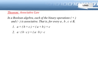 LOGO
Theorem: Associative Law
In a Boolean algebra, each of the binary operations ( + )
and ( · ) is associative. That is, for every a , b , c  B,
1. a + ( b + c ) = ( a + b ) + c
2. a · ( b · c ) = ( a · b ) · c
 