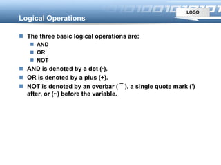 LOGO
Logical Operations
 The three basic logical operations are:
 AND
 OR
 NOT
 AND is denoted by a dot (·).
 OR is denoted by a plus (+).
 NOT is denoted by an overbar ( ¯ ), a single quote mark (')
after, or (~) before the variable.
 