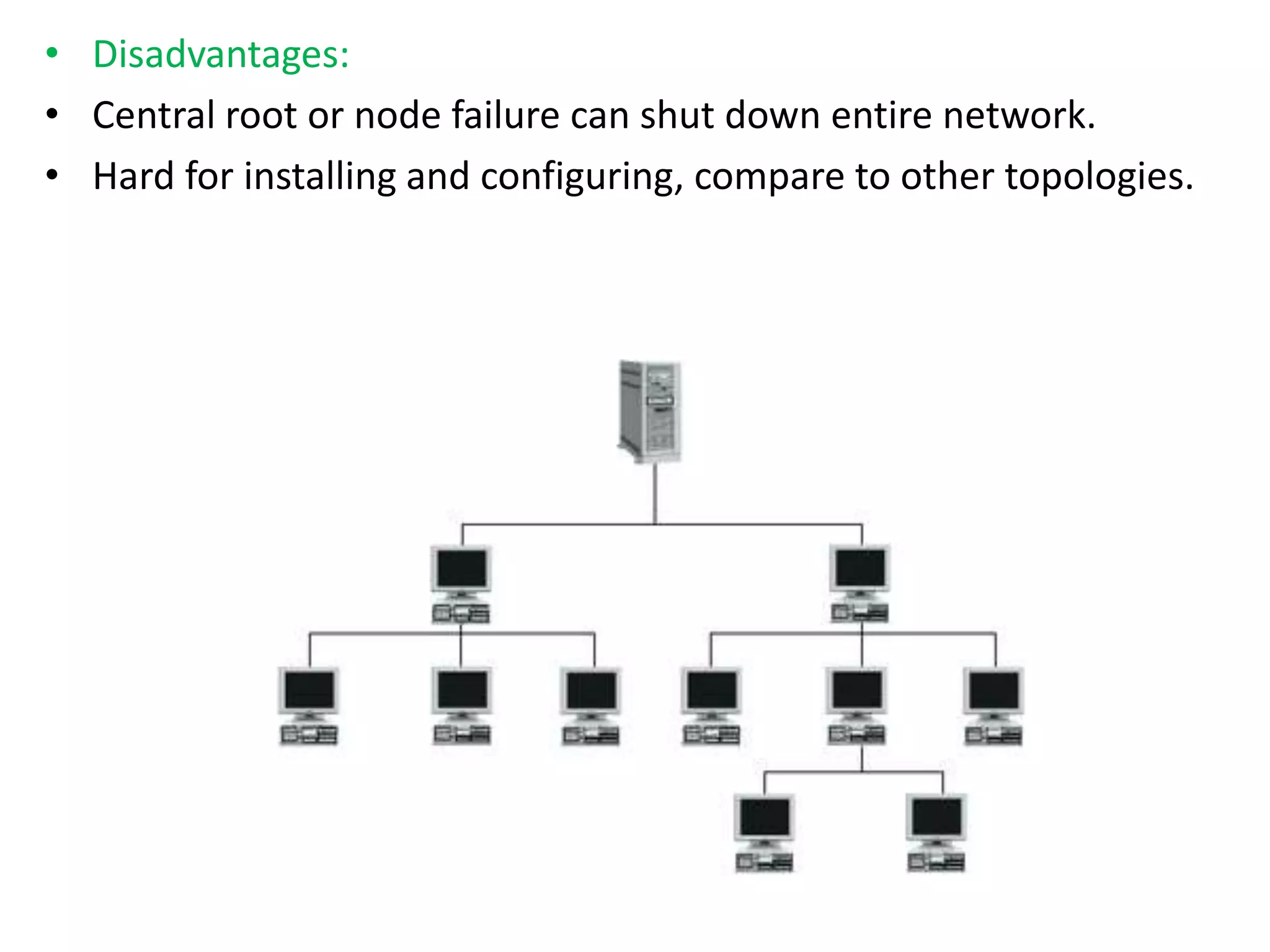 • Disadvantages:
• Central root or node failure can shut down entire network.
• Hard for installing and configuring, compare to other topologies.
 
