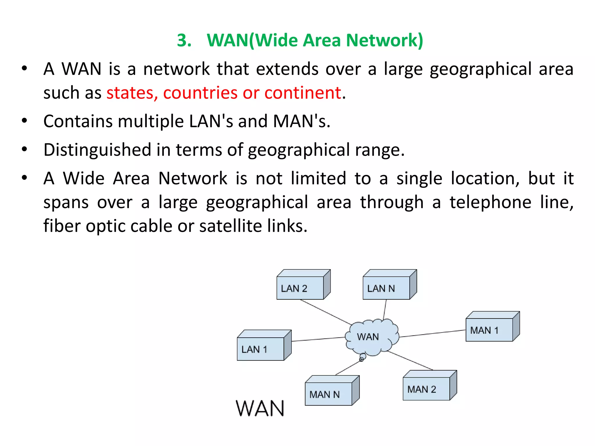 3. WAN(Wide Area Network)
• A WAN is a network that extends over a large geographical area
such as states, countries or continent.
• Contains multiple LAN's and MAN's.
• Distinguished in terms of geographical range.
• A Wide Area Network is not limited to a single location, but it
spans over a large geographical area through a telephone line,
fiber optic cable or satellite links.
 