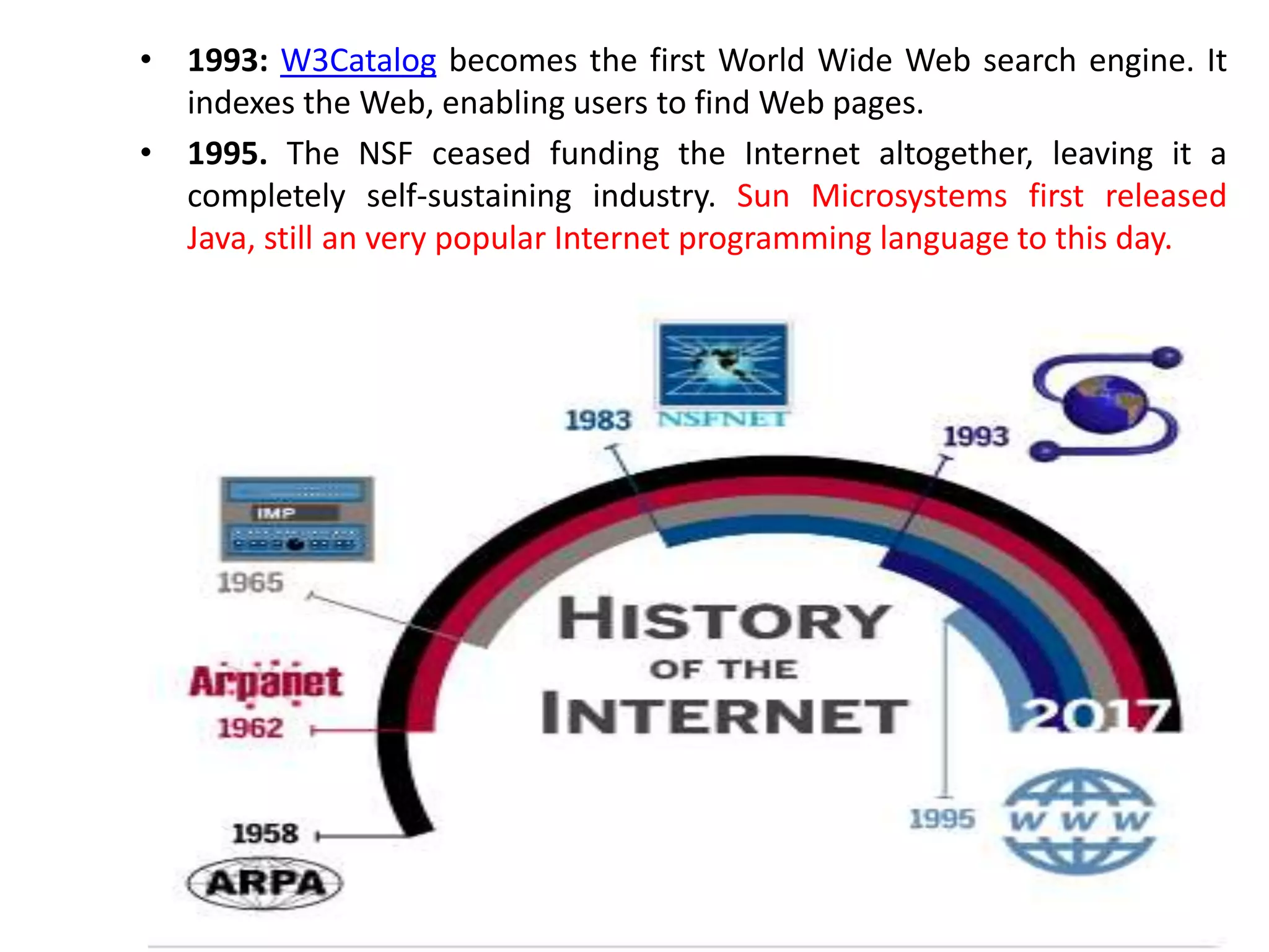 • 1993: W3Catalog becomes the first World Wide Web search engine. It
indexes the Web, enabling users to find Web pages.
• 1995. The NSF ceased funding the Internet altogether, leaving it a
completely self-sustaining industry. Sun Microsystems first released
Java, still an very popular Internet programming language to this day.
 