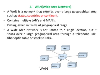 3. WAN(Wide Area Network)
• A WAN is a network that extends over a large geographical area
such as states, countries or continent.
• Contains multiple LAN's and MAN's.
• Distinguished in terms of geographical range.
• A Wide Area Network is not limited to a single location, but it
spans over a large geographical area through a telephone line,
fiber optic cable or satellite links.
 