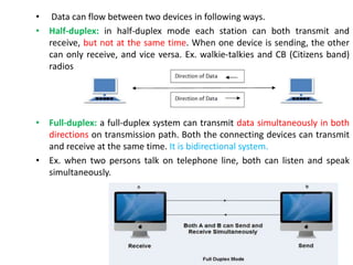 • Data can flow between two devices in following ways.
• Half-duplex: in half-duplex mode each station can both transmit and
receive, but not at the same time. When one device is sending, the other
can only receive, and vice versa. Ex. walkie-talkies and CB (Citizens band)
radios
• Full-duplex: a full-duplex system can transmit data simultaneously in both
directions on transmission path. Both the connecting devices can transmit
and receive at the same time. It is bidirectional system.
• Ex. when two persons talk on telephone line, both can listen and speak
simultaneously.
 