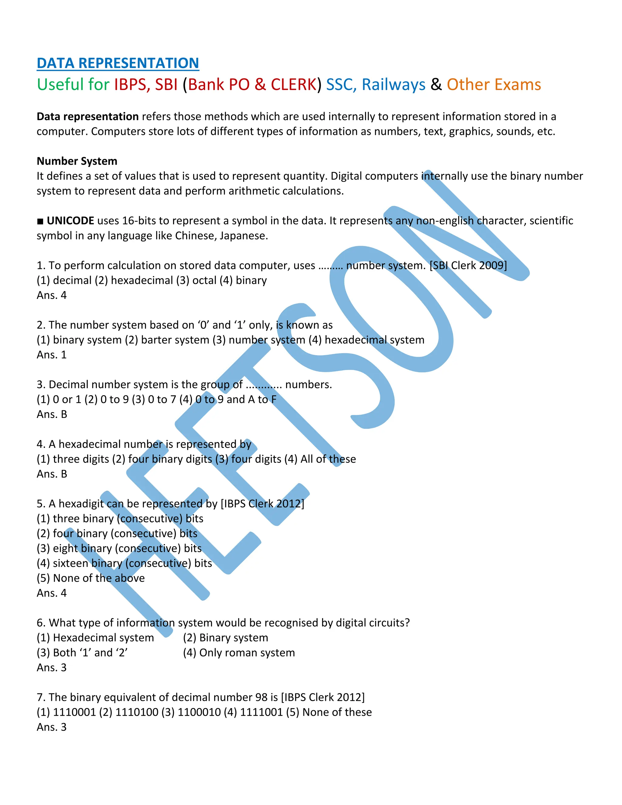 Data Representation MCQ Questions and Answers | PDF