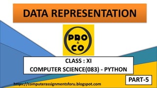 DATA REPRESENTATION
CLASS : XI
COMPUTER SCIENCE(083) - PYTHON
https://computerassignmentsforu.blogspot.com
PART-5
 