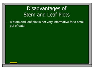 Disadvantages of
              Stem and Leaf Plots
   A stem and leaf plot is not very informative for a small
    set of data.
 