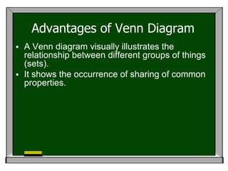 Advantages of Venn Diagram
 A Venn diagram visually illustrates the
  relationship between different groups of things
  (sets).
 It shows the occurrence of sharing of common
  properties.
 