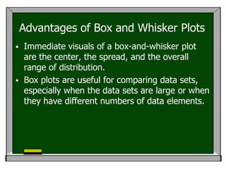 Advantages of Box and Whisker Plots
 Immediate visuals of a box-and-whisker plot
  are the center, the spread, and the overall
  range of distribution.
 Box plots are useful for comparing data sets,
  especially when the data sets are large or when
  they have different numbers of data elements.
 