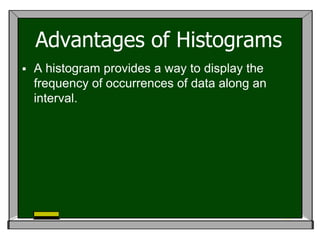 Advantages of Histograms
   A histogram provides a way to display the
    frequency of occurrences of data along an
    interval.
 
