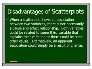 Disadvantages of Scatterplots
   When a scatterplot shows an association
    between two variables, there is not necessarily
    a cause and effect relationship. Both variables
    could be related to some third variable that
    explains their variation or there could be some
    other cause. Alternatively, an apparent
    association could simply be a result of chance.
 