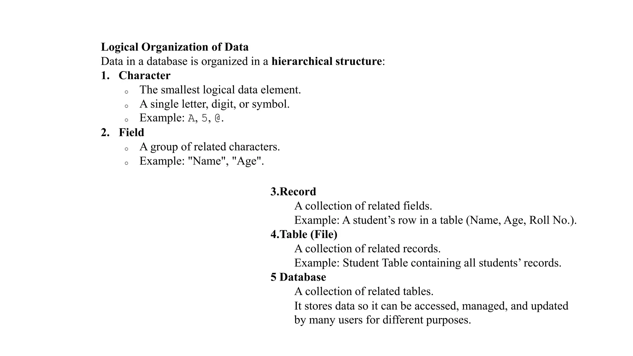 Logical Organization of Data
Data in a database is organized in a hierarchical structure:
1. Character
o The smallest logical data element.
o A single letter, digit, or symbol.
o Example: A, 5, @.
2. Field
o A group of related characters.
o Example: "Name", "Age".
3.Record
A collection of related fields.
Example: A student’s row in a table (Name, Age, Roll No.).
4.Table (File)
A collection of related records.
Example: Student Table containing all students’ records.
5 Database
A collection of related tables.
It stores data so it can be accessed, managed, and updated
by many users for different purposes.
 