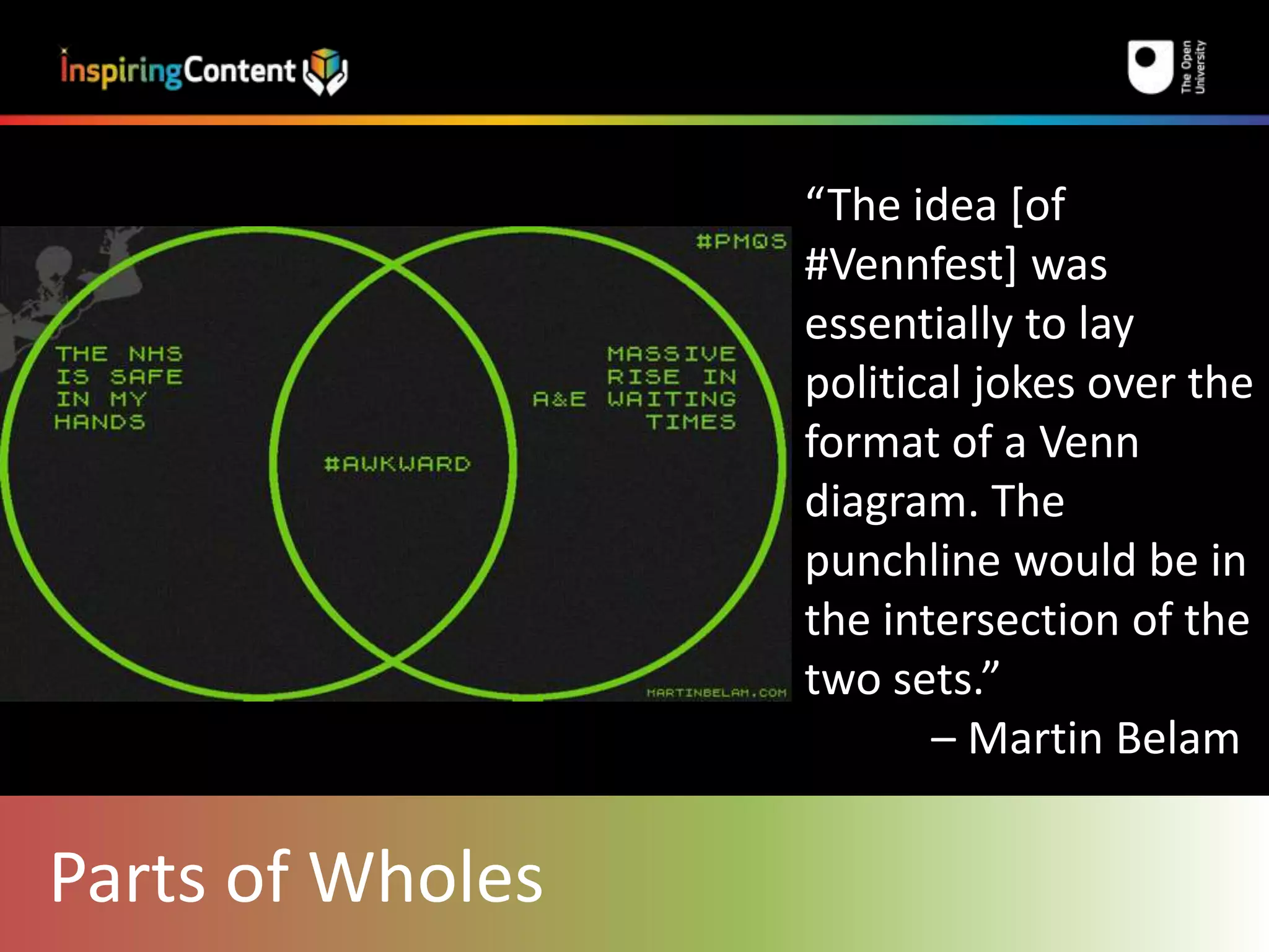 Parts of Wholes 
“The idea [of 
#Vennfest] was 
essentially to lay 
political jokes over the 
format of a Venn 
diagram. The 
punchline would be in 
the intersection of the 
two sets.” 
– Martin Belam 
 