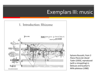 Exemplars III: music
Sylvano Bussotti, from 5
Piano Pieces for David
Tudor (1959), reproduced
(with a misspelling) in
Deleuze and Guattari’s
Mille plateaux (1980)
 
