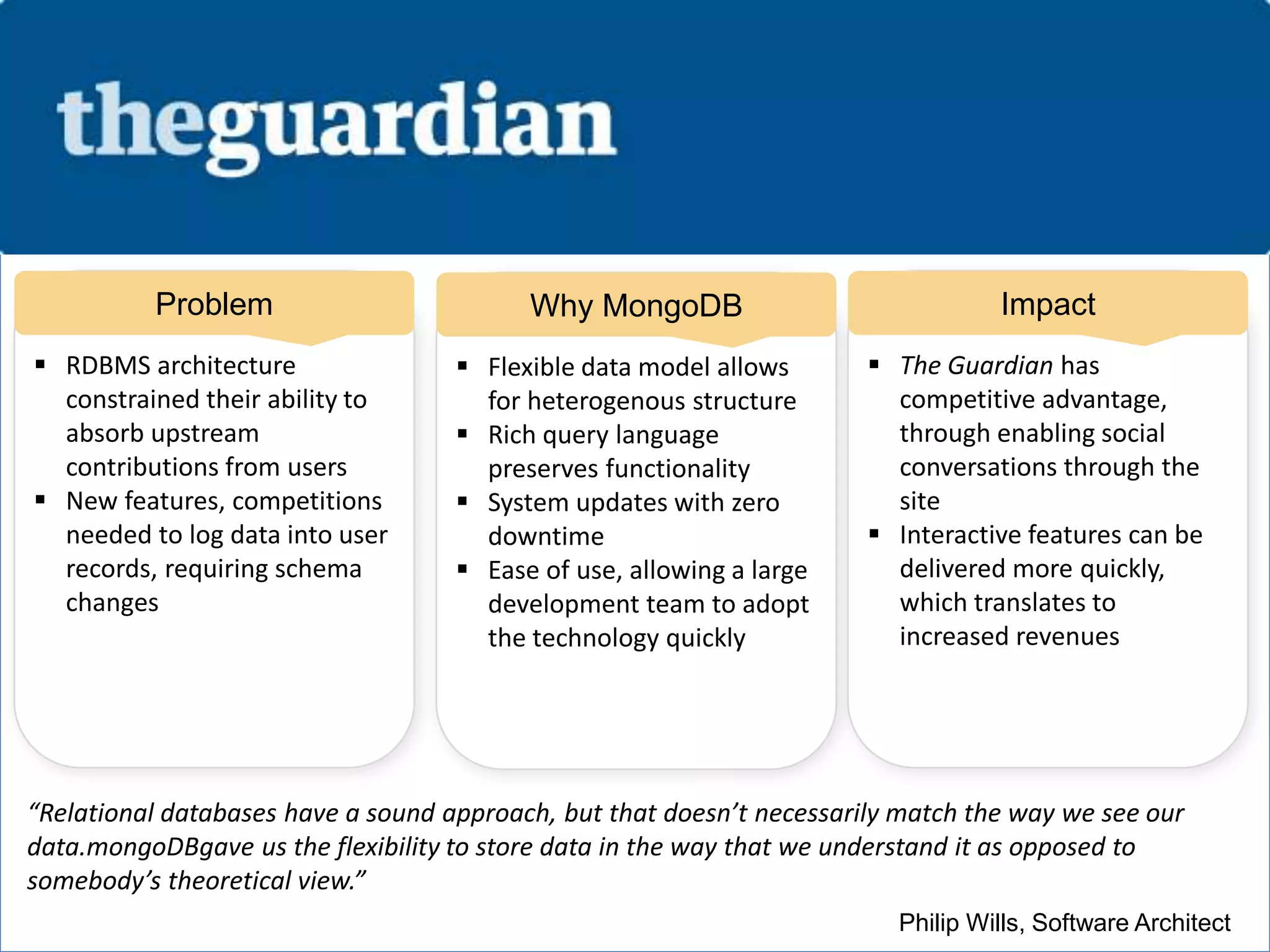 Problem                         Why MongoDB                             Impact
 RDBMS architecture                 Flexible data model allows        The Guardian has
  constrained their ability to        for heterogenous structure         competitive advantage,
  absorb upstream                    Rich query language                through enabling social
  contributions from users            preserves functionality            conversations through the
 New features, competitions         System updates with zero           site
  needed to log data into user        downtime                          Interactive features can be
  records, requiring schema          Ease of use, allowing a large      delivered more quickly,
  changes                             development team to adopt          which translates to
                                      the technology quickly             increased revenues




“Relational databases have a sound approach, but that doesn’t necessarily match the way we see our
data.mongoDBgave us the flexibility to store data in the way that we understand it as opposed to
somebody’s theoretical view.”
                                                  38
                                                                         Philip Wills, Software Architect
 