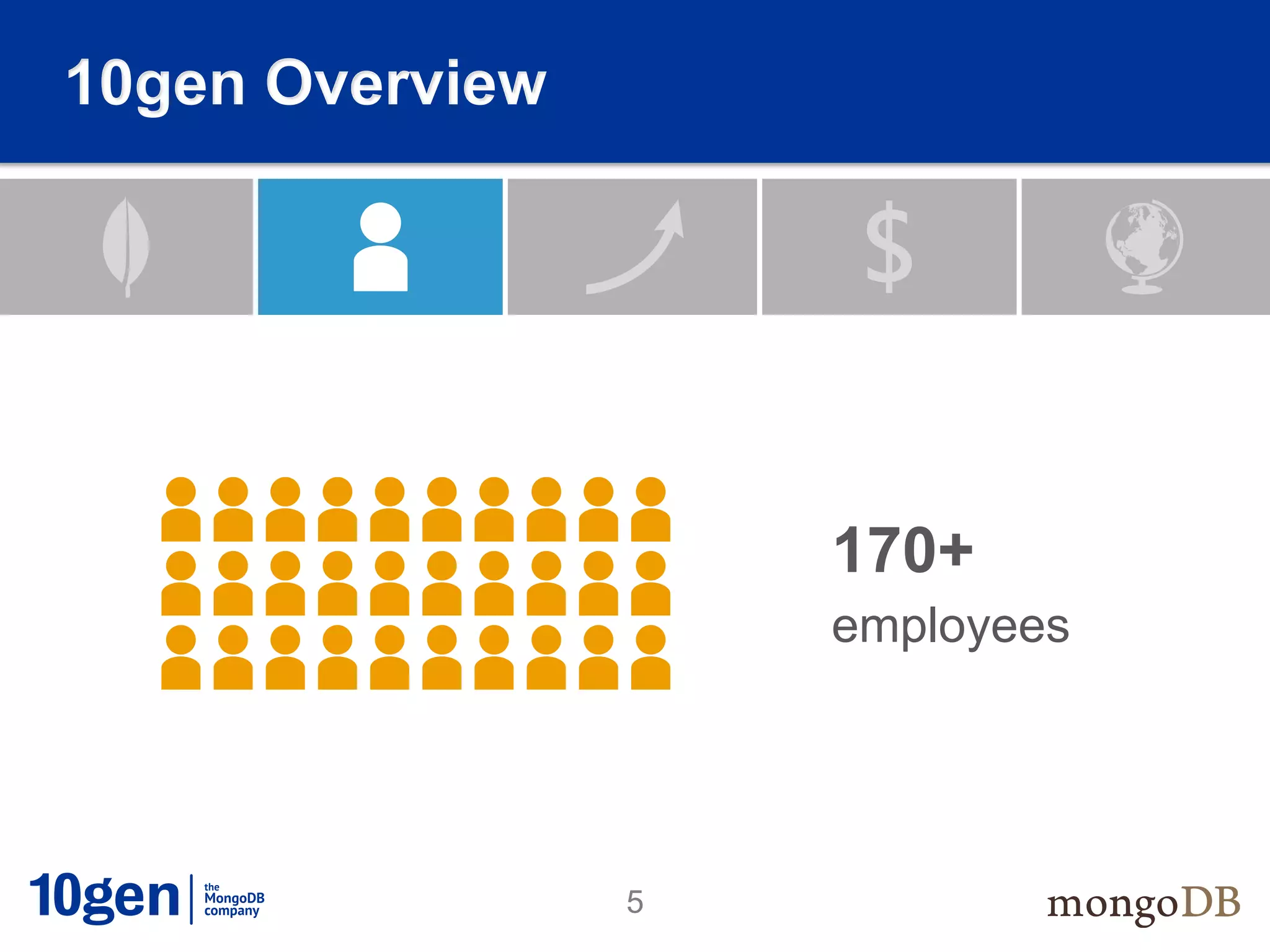 10gen Overview




                     170+
                     employees




                 5
 