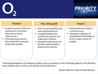Problem                         Why MongoDB                               Impact
 A need to extract value from        Built around scalability, with     Priority Moments project is
  existing semi-structured             auto-sharding features              a strong success
  data sources (social                mongoDB deployment                 Subsequent adoption of
  networks etc.)                       architecture prevents any           mongoDB by O2 &Telefonica
 A fast-growing customer-             single point of failure             across a large number of
  base required any solution          Geospatial indexing out-of-         projects
  to be easily scalable                the-box enables location-
                                       based service delivery




“Selecting MongoDB as our database platform was a no brainer as the technology offered us the flexibility
and scalability that we knew we’d need for Priority Moments.”

                                                   40           Andrew Pattinson, Head of Online Delivery
 