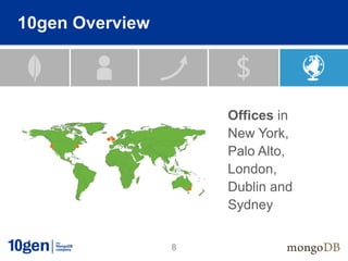 10gen Overview




                     Offices in
                     New York,
                     Palo Alto,
                     London,
                     Dublin and
                     Sydney


                 8
 