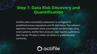 Step 1: Data Risk Discovery and
Quantification
Actifile’s data vulnerability assessment is configured to
predefined privacy regulations and PII definitions. The software
algorithm immediately starts scanning for sensitive data using
smart patterns.Actifile then produces clear reports, quantifying
data risk per PII type in either US dollars or preferred local
currencies.
 