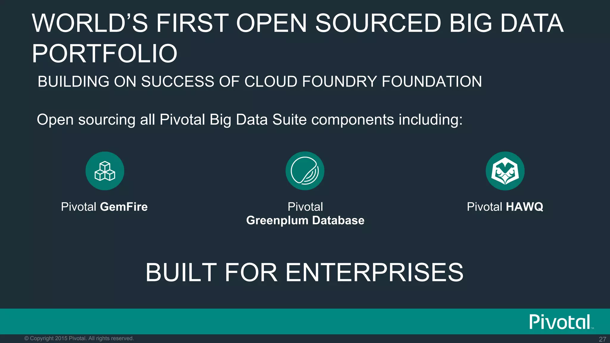 27© Copyright 2015 Pivotal. All rights reserved.
Open sourcing all Pivotal Big Data Suite components including:
WORLD’S FIRST OPEN SOURCED BIG DATA
PORTFOLIO
BUILDING ON SUCCESS OF CLOUD FOUNDRY FOUNDATION
BUILT FOR ENTERPRISES
Pivotal GemFire Pivotal HAWQPivotal
Greenplum Database
 