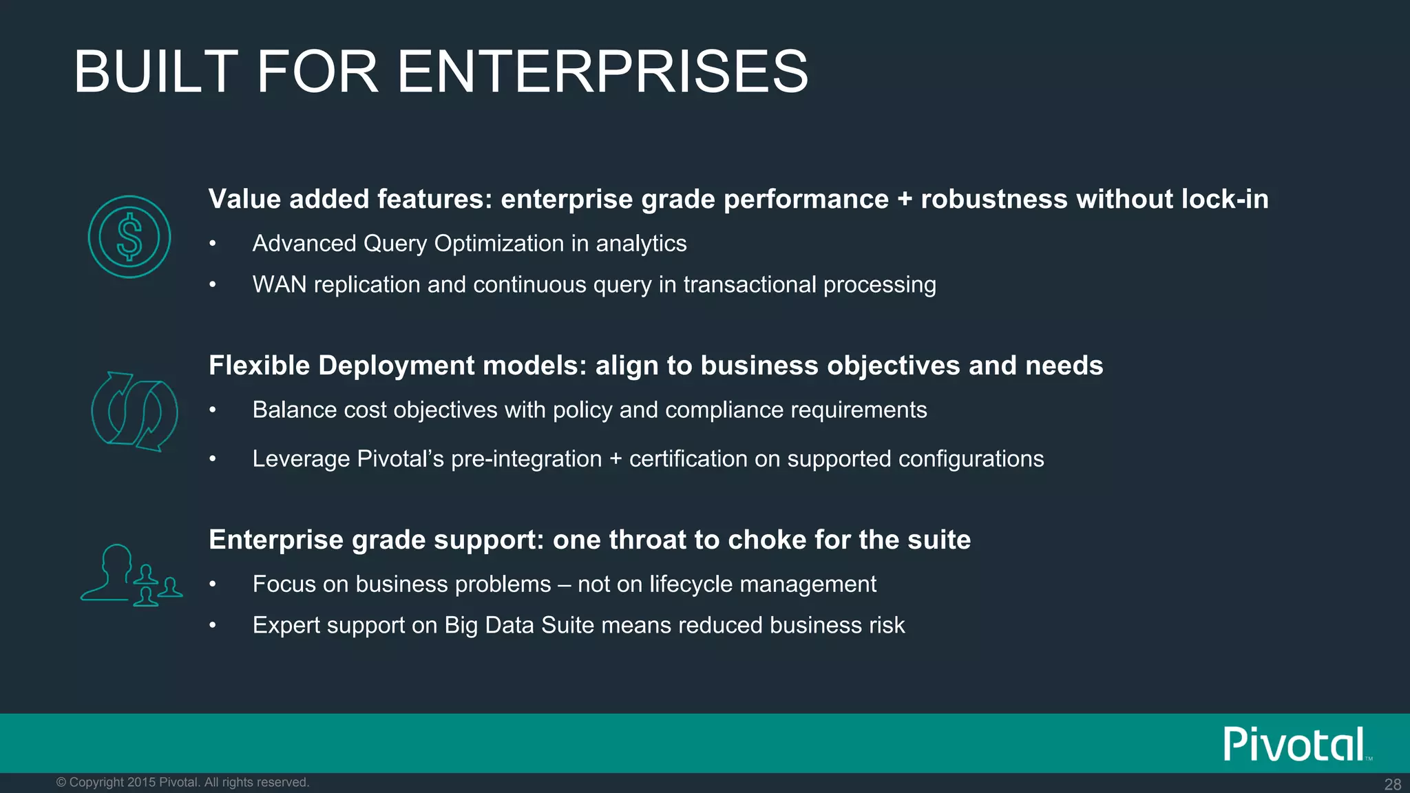 28© Copyright 2015 Pivotal. All rights reserved.
BUILT FOR ENTERPRISES
Value added features: enterprise grade performance + robustness without lock-in
•  Advanced Query Optimization in analytics
•  WAN replication and continuous query in transactional processing
Flexible Deployment models: align to business objectives and needs
•  Balance cost objectives with policy and compliance requirements
•  Leverage Pivotal’s pre-integration + certification on supported configurations
Enterprise grade support: one throat to choke for the suite
•  Focus on business problems – not on lifecycle management
•  Expert support on Big Data Suite means reduced business risk
 
