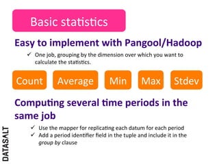 Basic	
  sta5s5cs	
  
Easy	
  to	
  implement	
  with	
  Pangool/Hadoop	
  
   ü  One	
  job,	
  grouping	
  by	
  the	
  dimension	
  over	
  which	
  you	
  want	
  to	
  
       calculate	
  the	
  sta5s5cs.	
  


Count	
               Average	
                          Min	
                Max	
                 Stdev	
  
CompuDng	
  several	
  Dme	
  periods	
  in	
  the	
  
same	
  job	
  
     ü  Use	
  the	
  mapper	
  for	
  replica5ng	
  each	
  datum	
  for	
  each	
  period	
  
     ü  Add	
  a	
  period	
  iden5ﬁer	
  ﬁeld	
  in	
  the	
  tuple	
  and	
  include	
  it	
  in	
  the	
  
         group	
  by	
  clause	
  	
  
 
