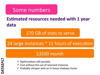 Some	
  numbers	
  
EsDmated	
  resources	
  needed	
  with	
  1	
  year	
  
data	
  
                  270	
  GB	
  of	
  stats	
  to	
  serve	
  

24	
  large	
  instances	
  ~	
  11	
  hours	
  of	
  execu5on	
  

                               $3500	
  month	
  
       ü  Op5miza5ons	
  s5ll	
  possible	
  
       ü  Cost	
  without	
  the	
  use	
  of	
  reserved	
  instances	
  
       ü  Probably	
  cheaper	
  with	
  an	
  in-­‐house	
  Hadoop	
  cluster	
  
 